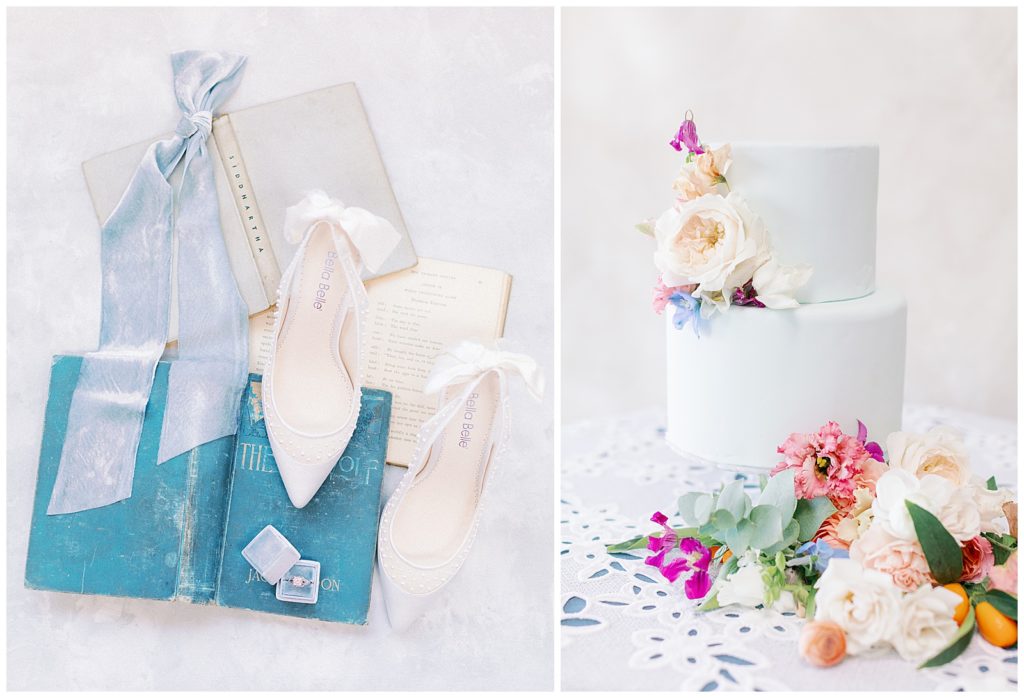wedding day detail with shoes and wedding day cake