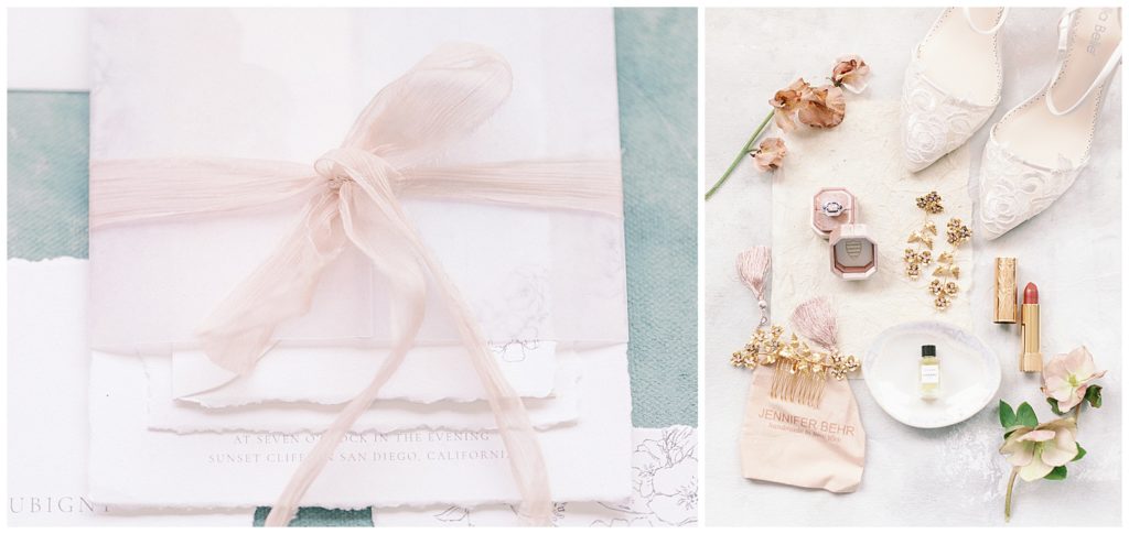 wedding day details, shoes, jewelry, and invitation bow