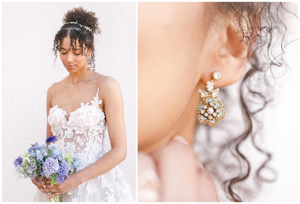 closeup of a bride and a close up of her earrings