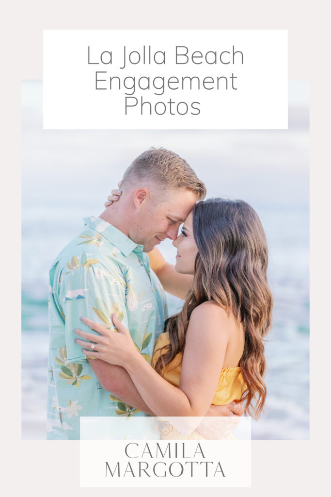 quote that says La Jolla beach engagement photos and a closeup photo of a couple facing each other with their hands around each other on the beach in La Jolla, San Diego.