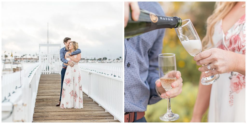 Couple on their engagement session in Point Loma with Champagne