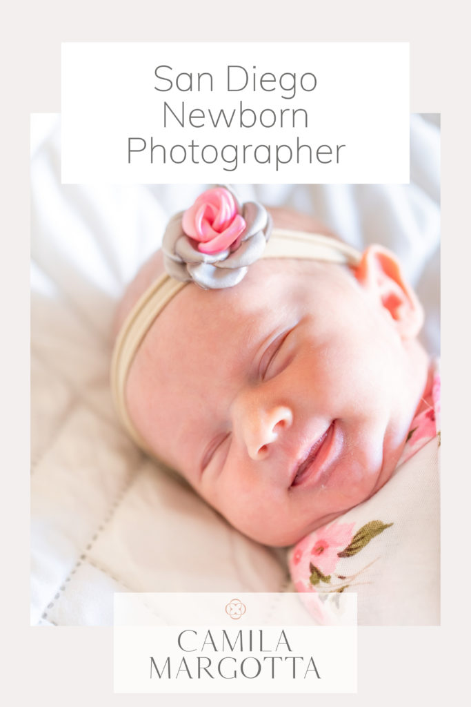 quote: "San Diego newborn photographer" and a photo of a newborn baby girl sleeping and smiling