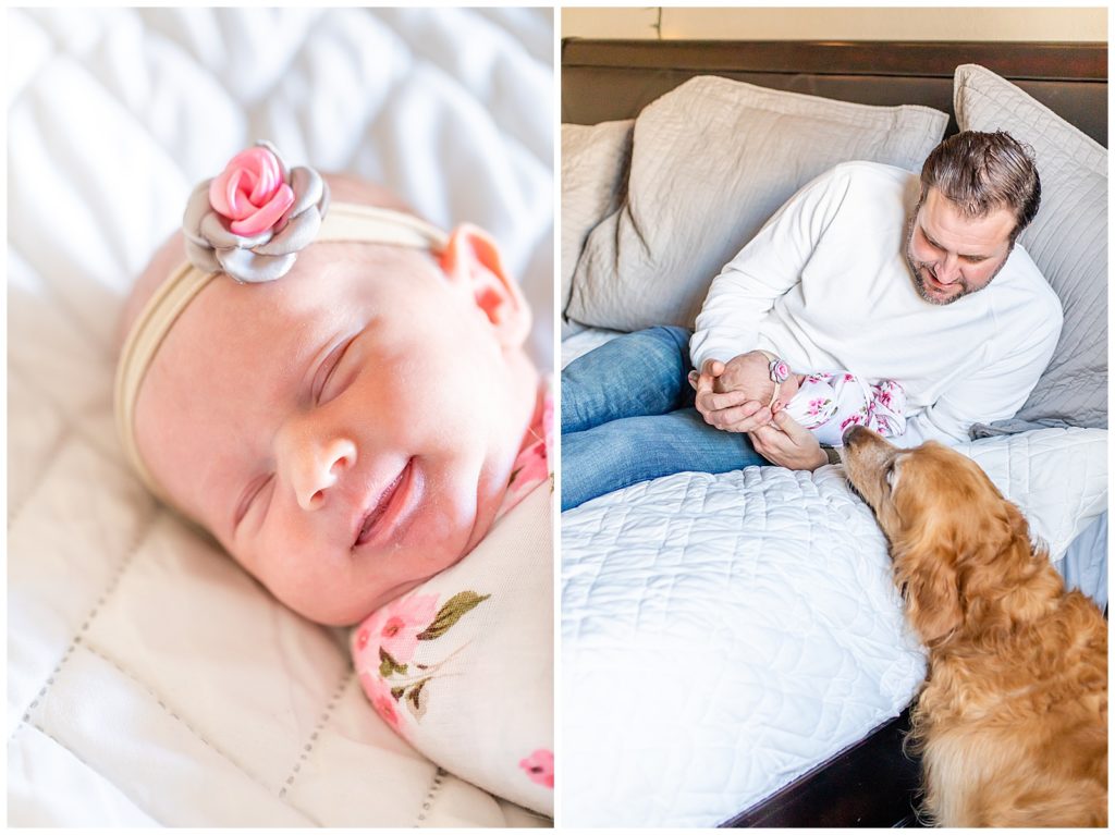 closeup of newborn baby girl sleeping with a smile on her face and then another photo of dad holding the baby and a golden retriever dog sniffing the baby