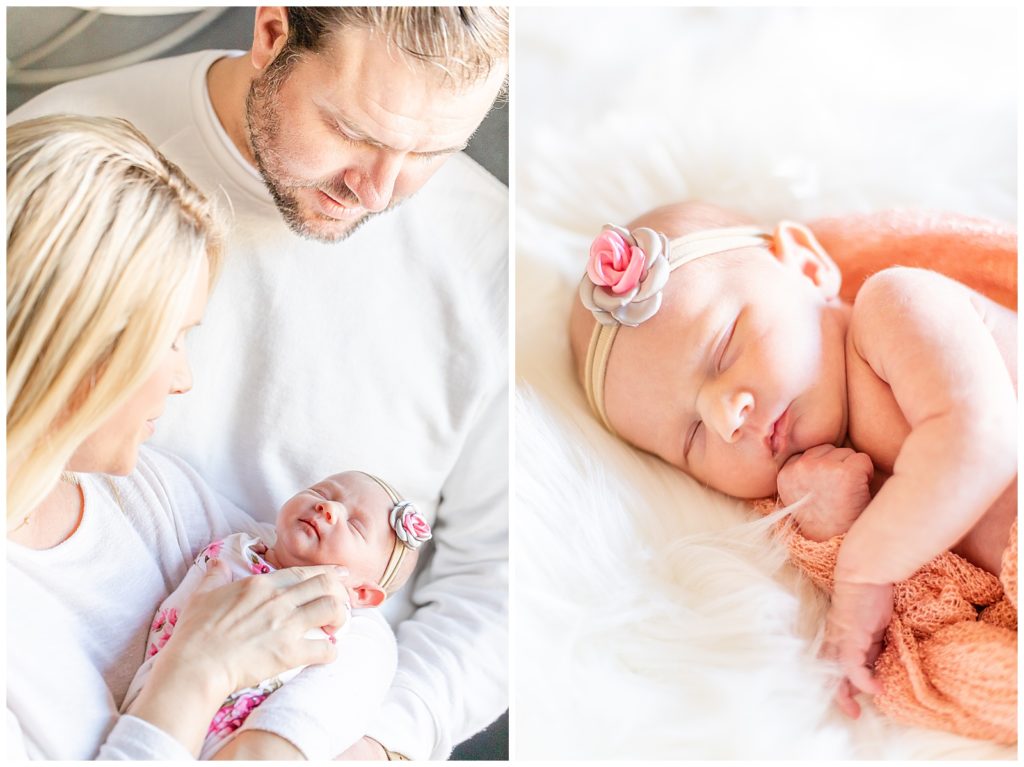 lifestyle newborn photos of baby girl and her parents and then baby girl sleeping