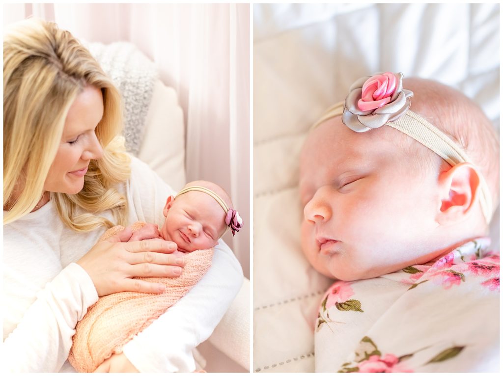 two photos, one of mom holding her baby girl, the other photo is of baby girl sleeping