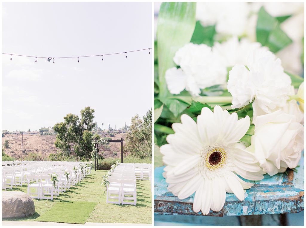 a wedding setup in a garden in San Diego and a photo of a flower