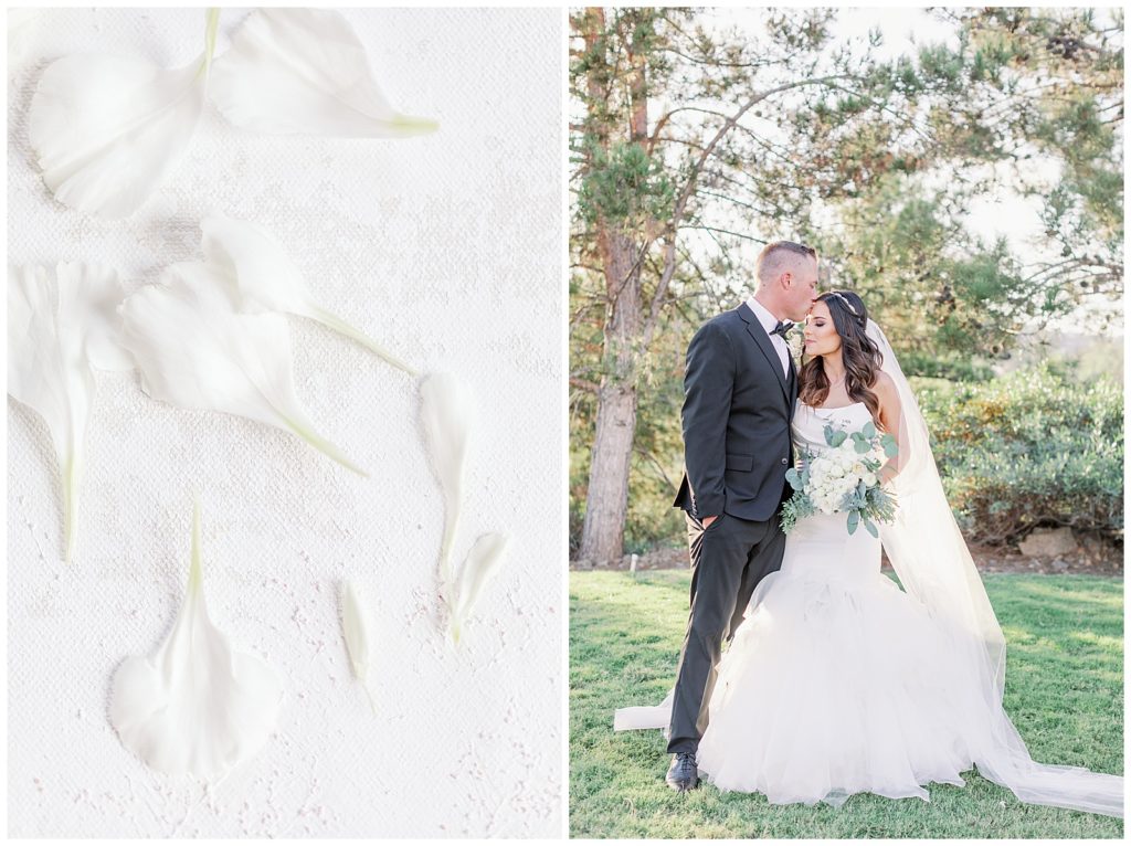 a photo of flower petals and a photo of a bride and groom in a garden 