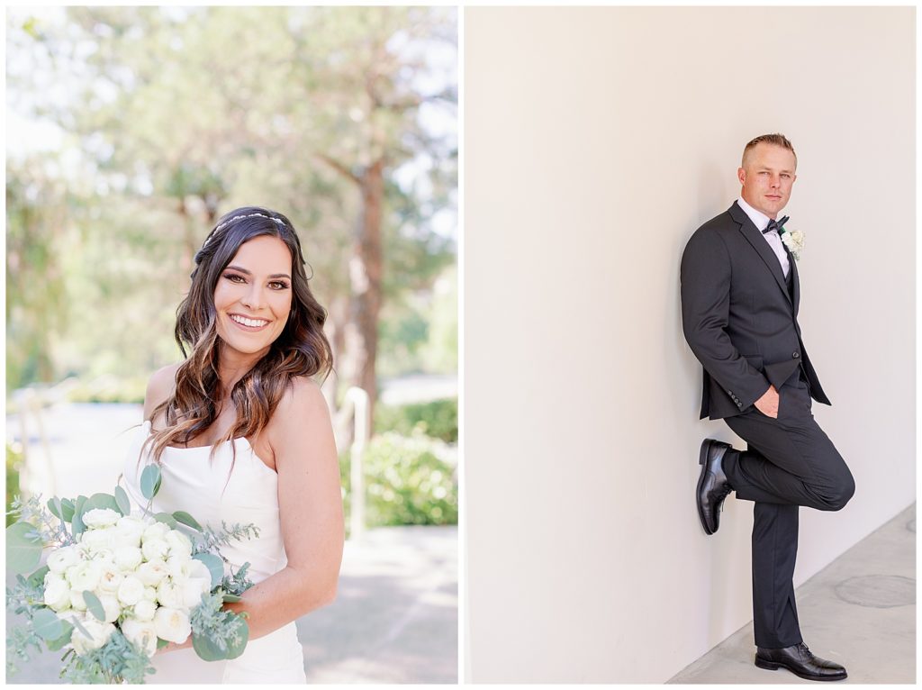 photo of a bride holding her bouquet of white flowers and a photo of a groom leaning on the wall