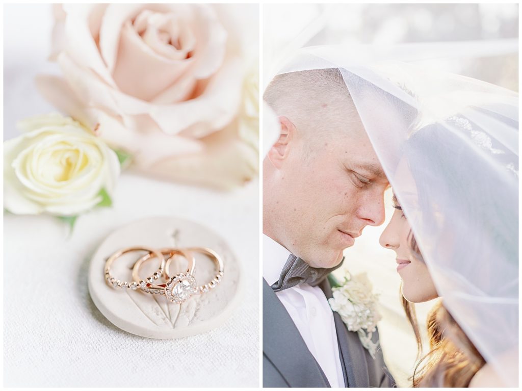 a photo of wedding rings and a photo of a bride and groom in a close up looking at each other 