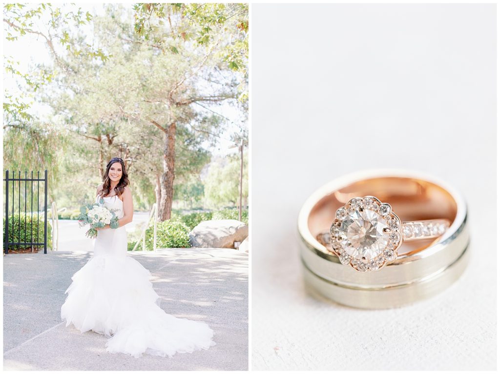 photo of a bride holding her bouquet and a photo of wedding rings