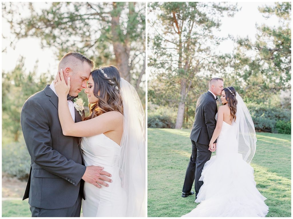 photo of bride and groom facing each other in a San Diego garden wedding