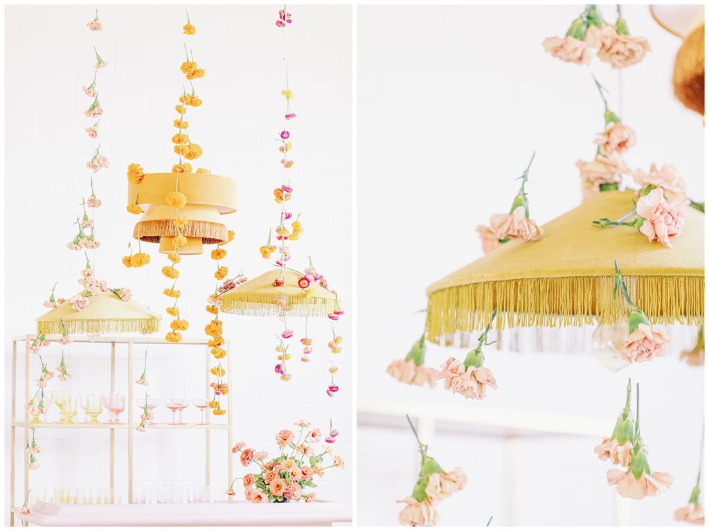 chandeliers and hanging flowers