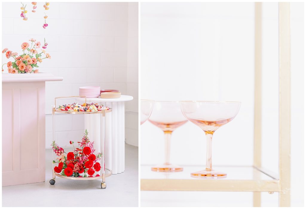 flowers for wedding bar cart and champagne flute