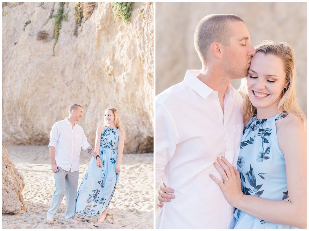 couple walking holding hands at el matador beach for their engagement session