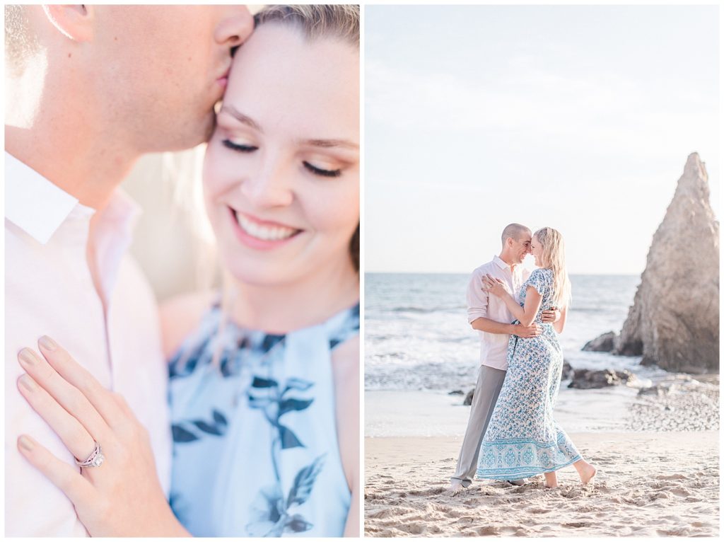 couple facing each other with heads together at el matador beach for their engagement session