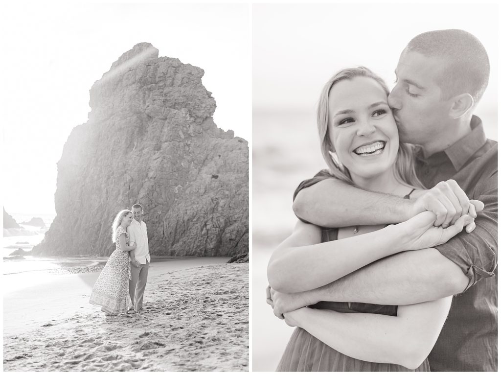 black and white photo of couple posing at el matador beach for their engagement session
