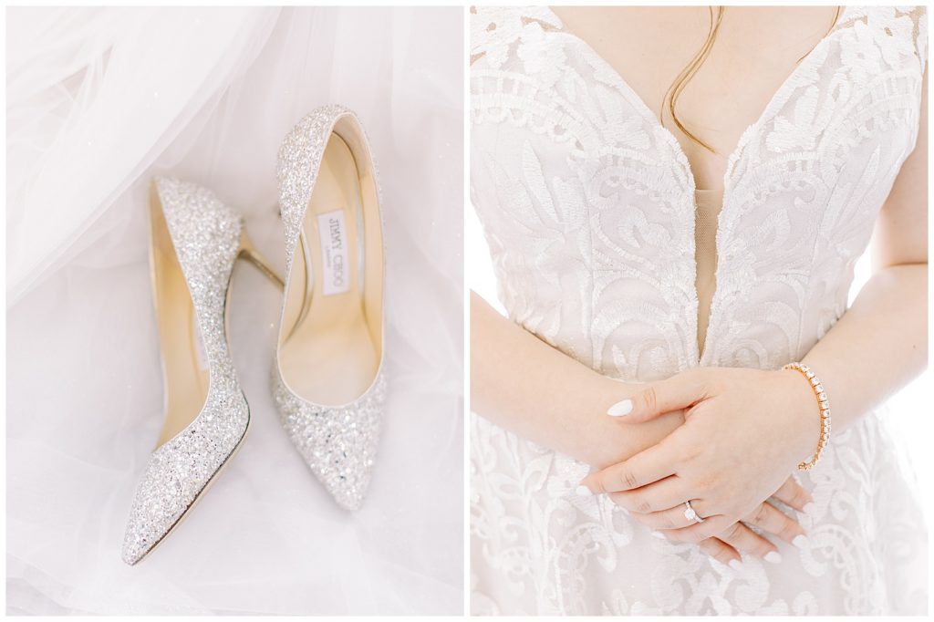 bridal shoes and brides hands on her wedding dress