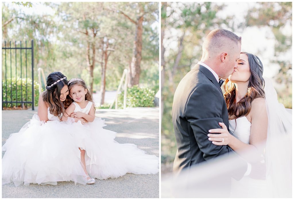 Bride with flower girl, then bride and groom kissing