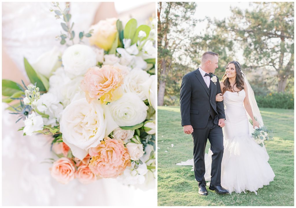 photos of flowers, bride and groom walking together looking at each other 
