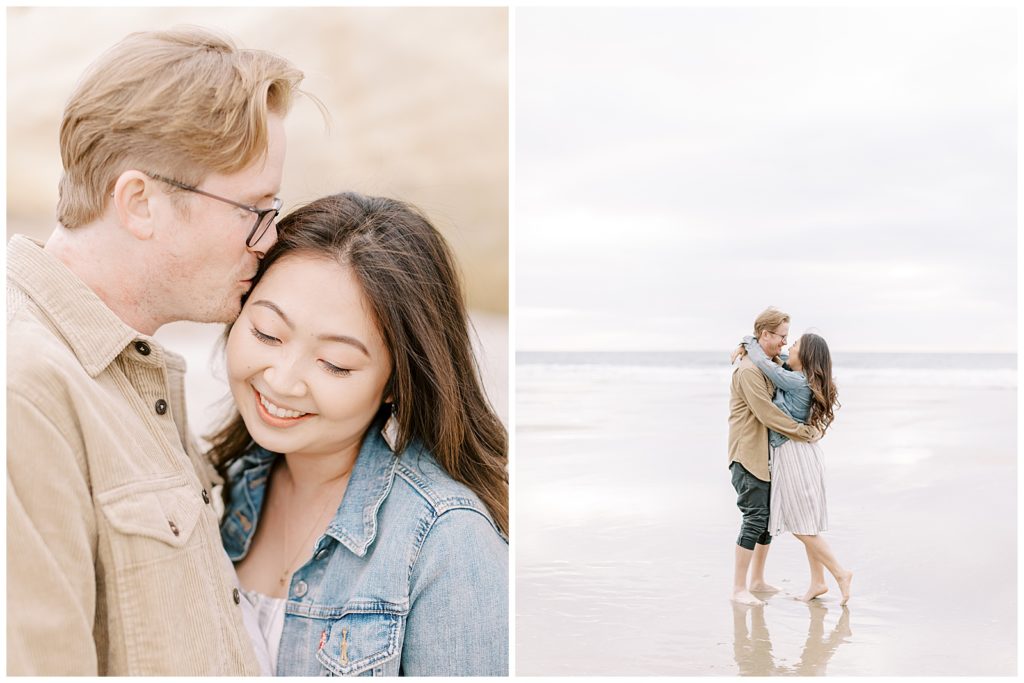 couple on the beach by the ocean with arms around each other