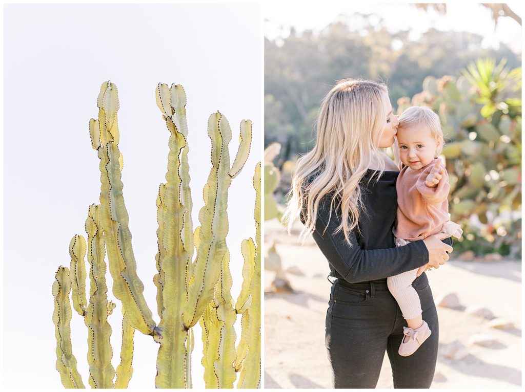 picture of a cactus and picture of mom giving toddler girl a kiss