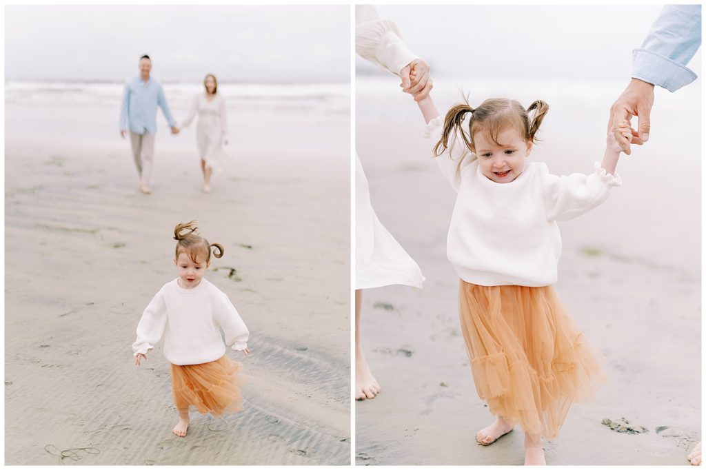 toddler girl running on the beach, toddler girl walking on the beach holding parents hands