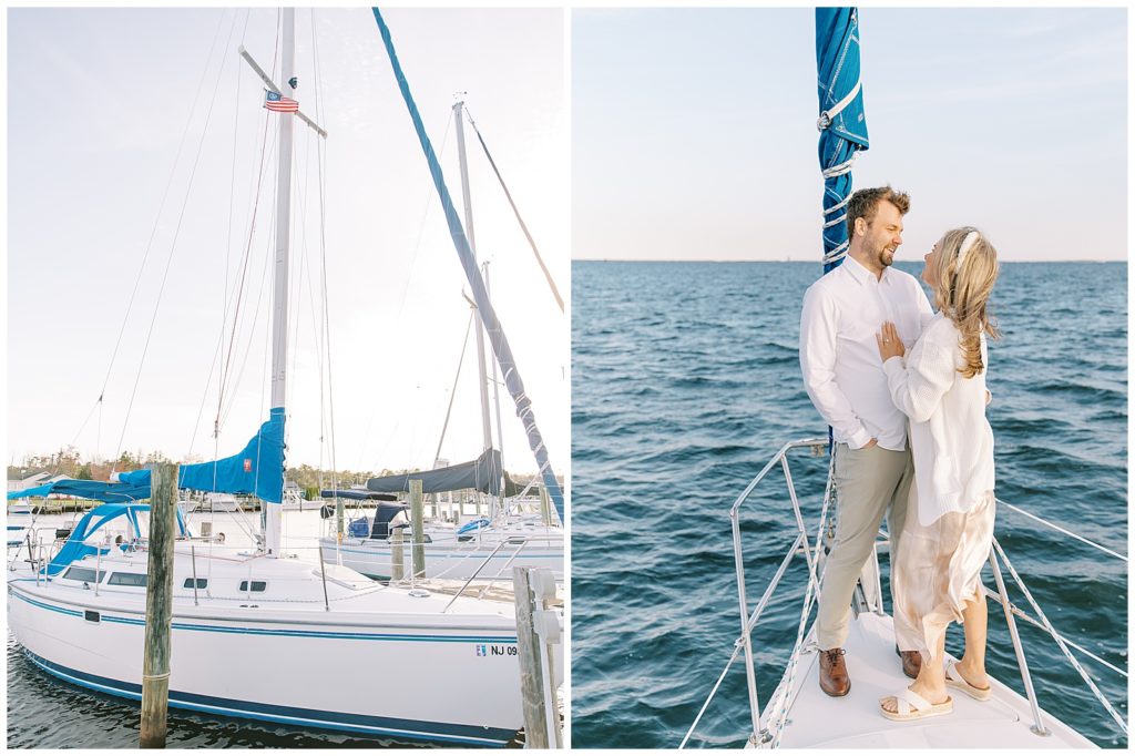 sailboat on dock; couple on a sailboat embracing each other with the view of the ocean in the back
