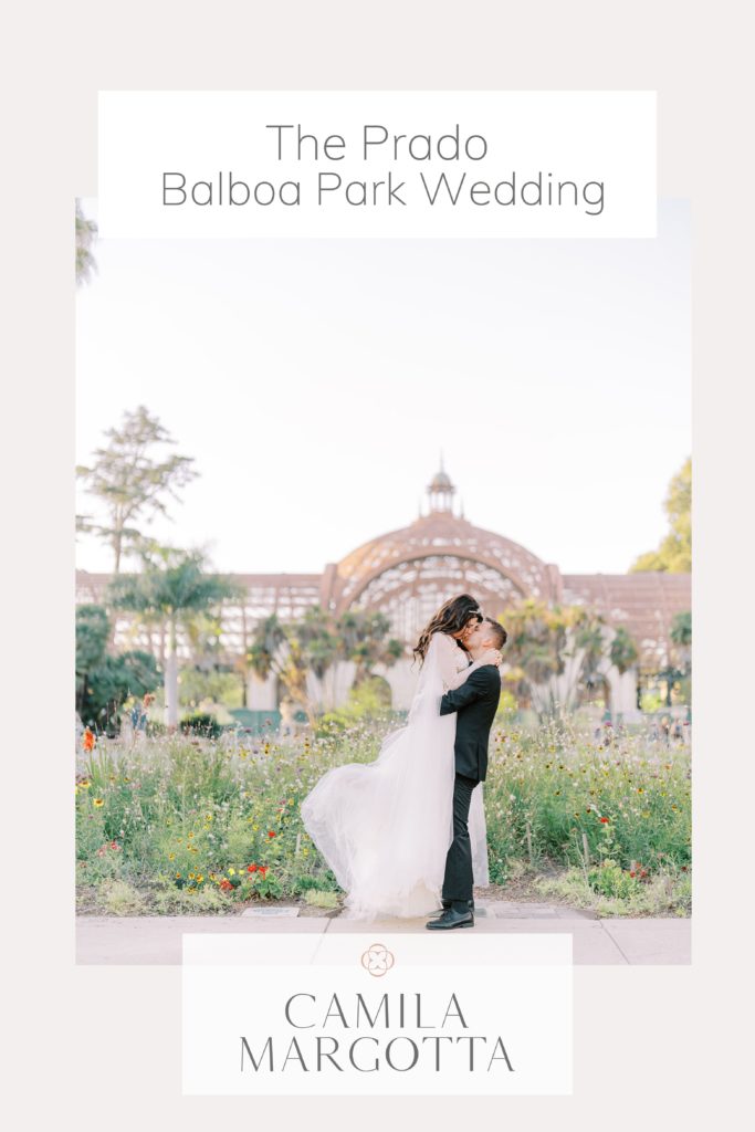Bride and groom kissing in Balboa park for their Prado wedding