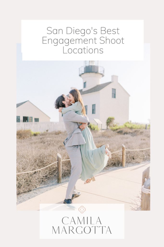 couple hugging and laughing in front of the old San Diego lighthouse for their engagement session