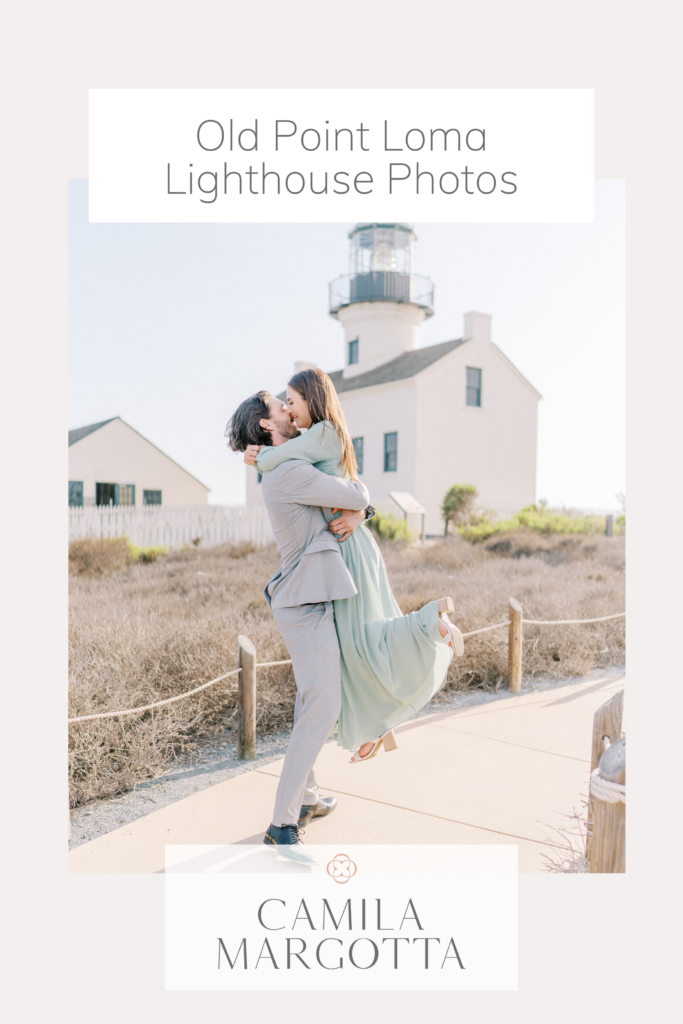 couple hugging and smiling at each other in front of the Old Point Loma Lighthouse
