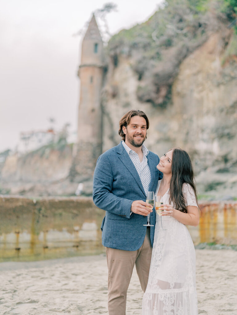 Engagement Session with the Iconic Pirate Tower of Laguna Beach as a backdrop