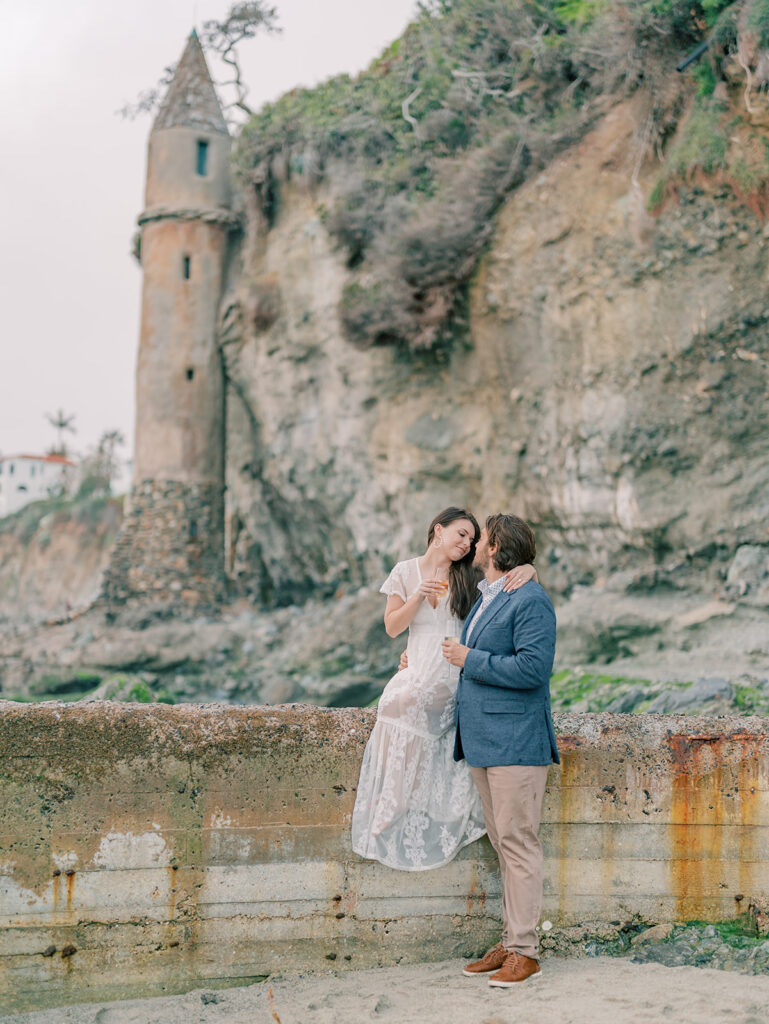 Engagement Session with the Iconic Pirate Tower of Laguna Beach as a backdrop