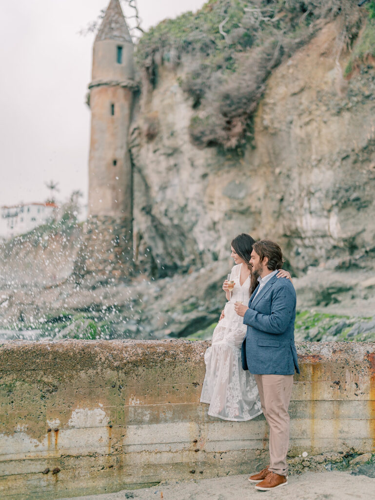 Engagement Session with the Iconic Pirate Tower of Laguna Beach as a backdrop