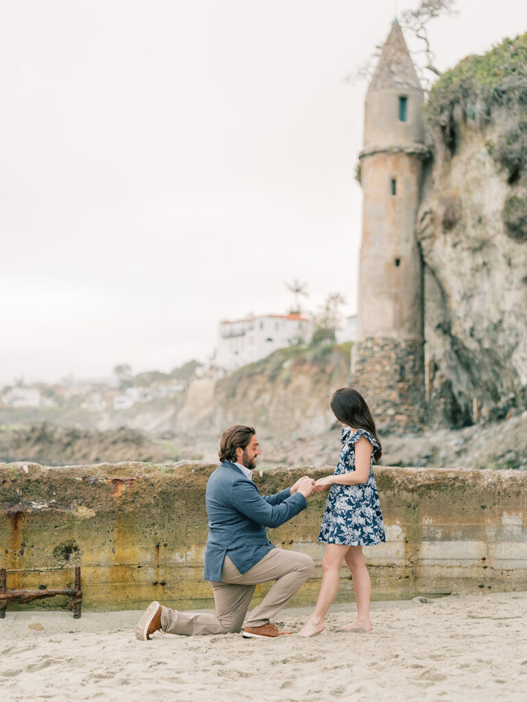 Engagement Session with the Iconic Pirate Tower of Laguna Beach as a backdrop