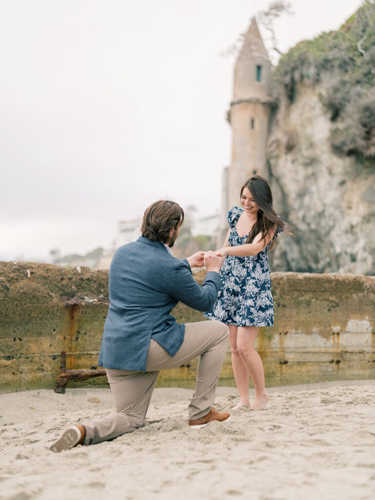 Engagement Session with the Iconic Pirate Tower of Laguna Beach as a backdrop