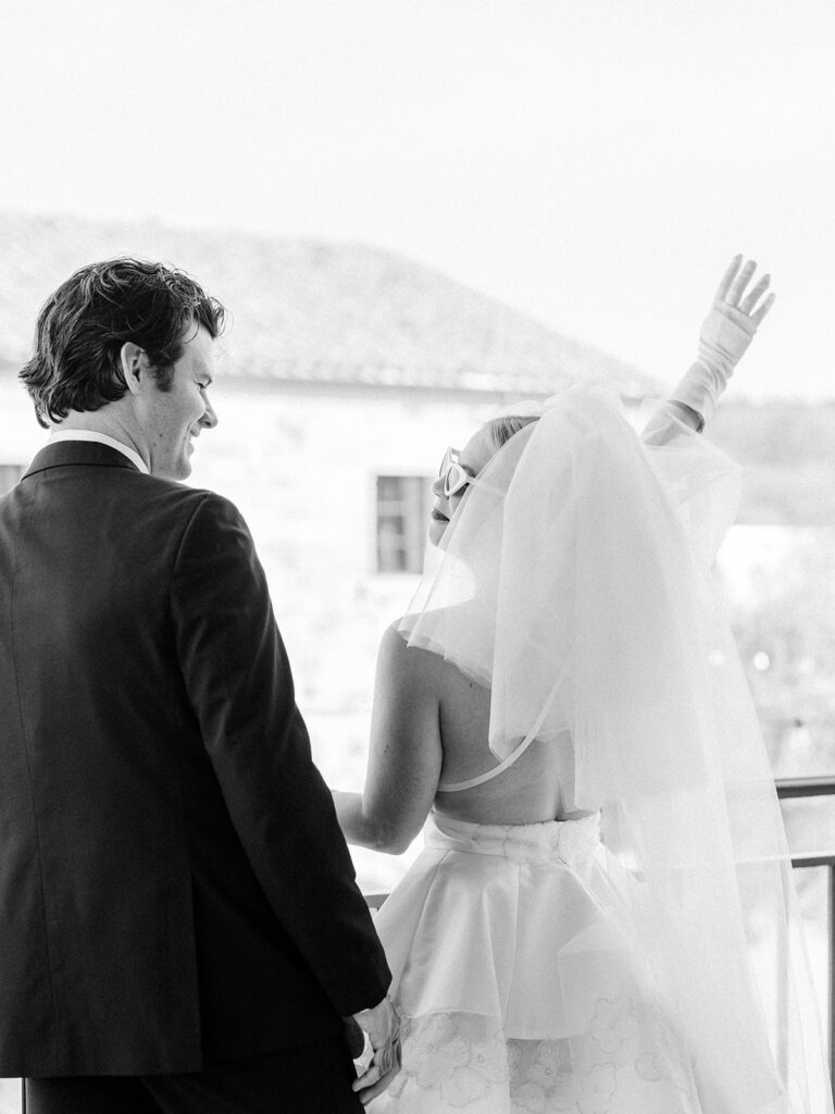 black and white photo of a couple during styled shoot weeding at monserate winery